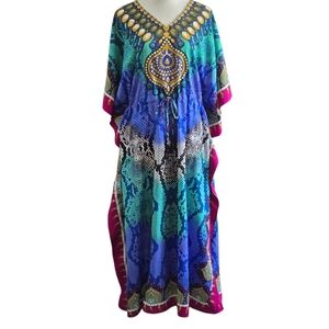 Bell Pepper One Size Maxi Vibrant Multicolor Kaftan Dress Shiny Tiny Gold Studs